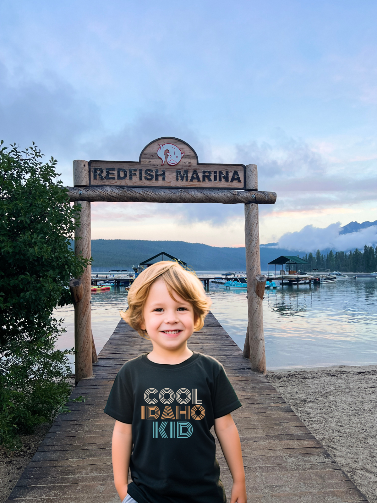 Little boy wearing the Cool Idaho Kid made in Idaho t-shirt, sold exclusively at TatorJo.