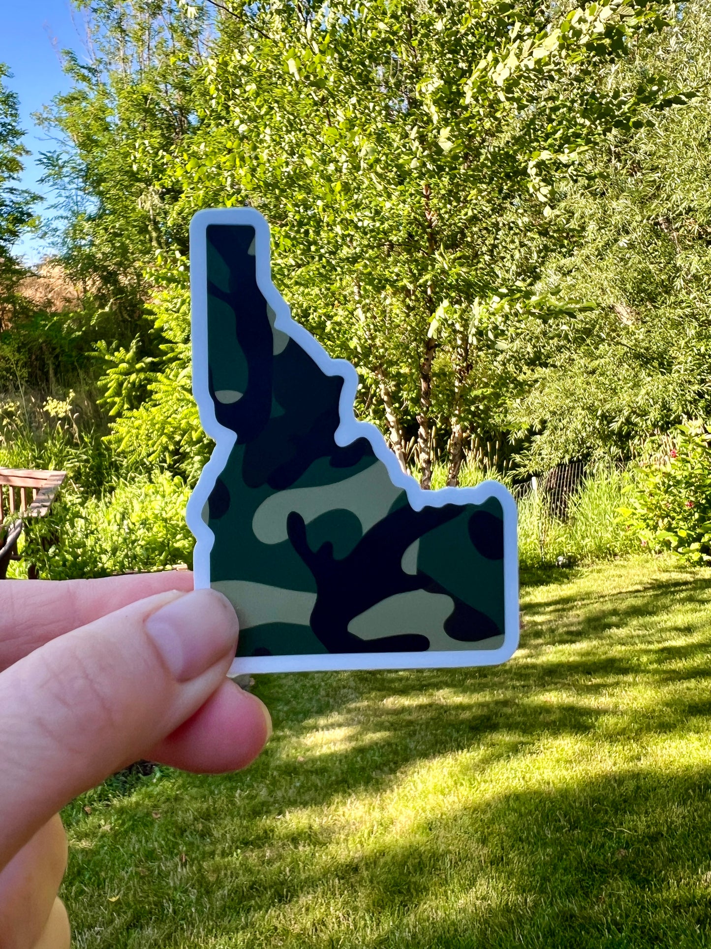 Idaho Camo Sticker that is made for waterbottles, skies, helmets. This sticker is weatherproof and durable. This Idaho sticker is covered in camo.