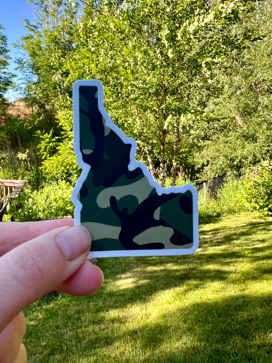 Idaho Camo Sticker that is made for waterbottles, skies, helmets. This sticker is weatherproof and durable. This Idaho sticker is covered in camo.