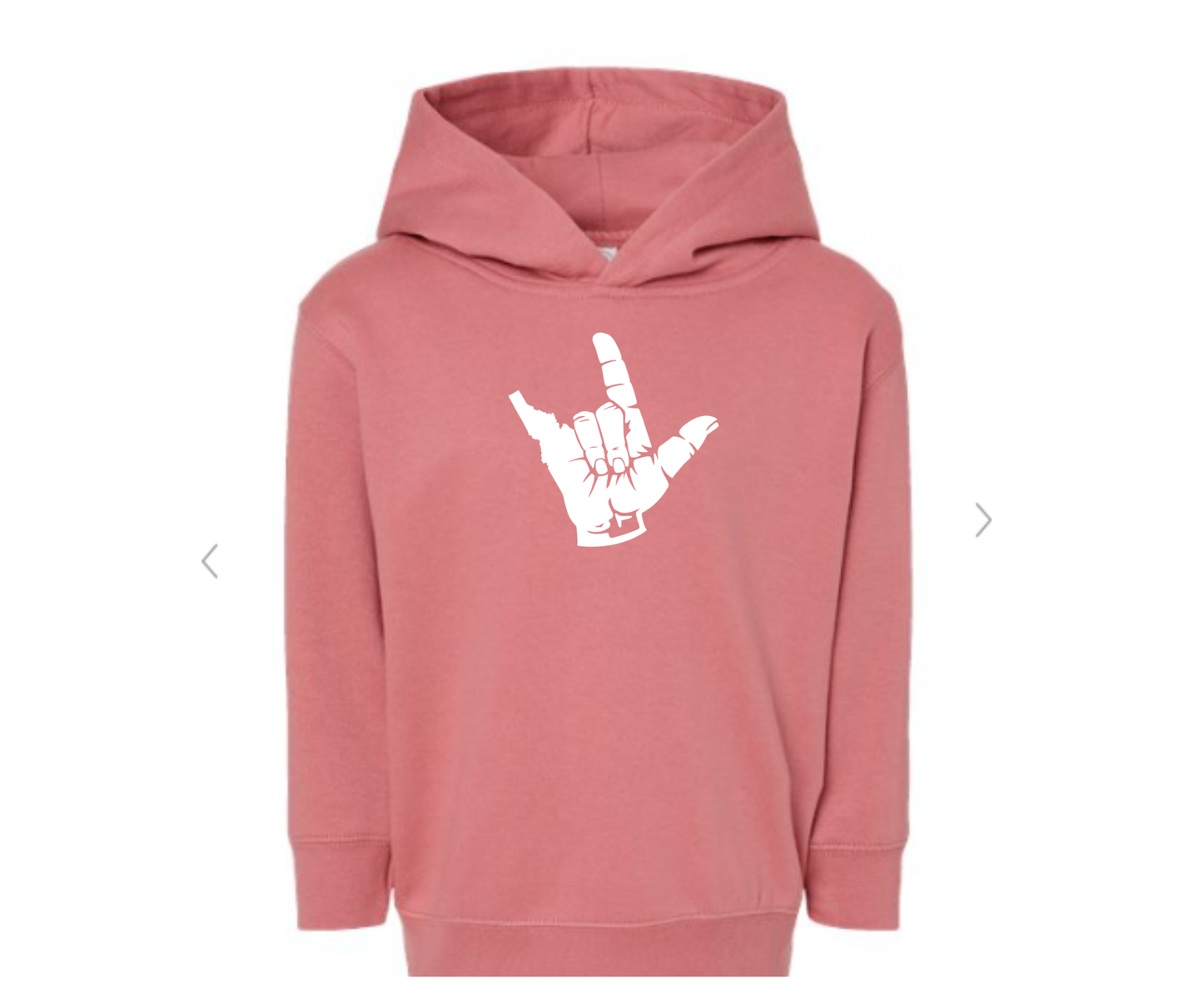 Pink hoodie with a white hand gesture design with an Idaho on a white background. The Idaho is inside the I Love Idaho sign