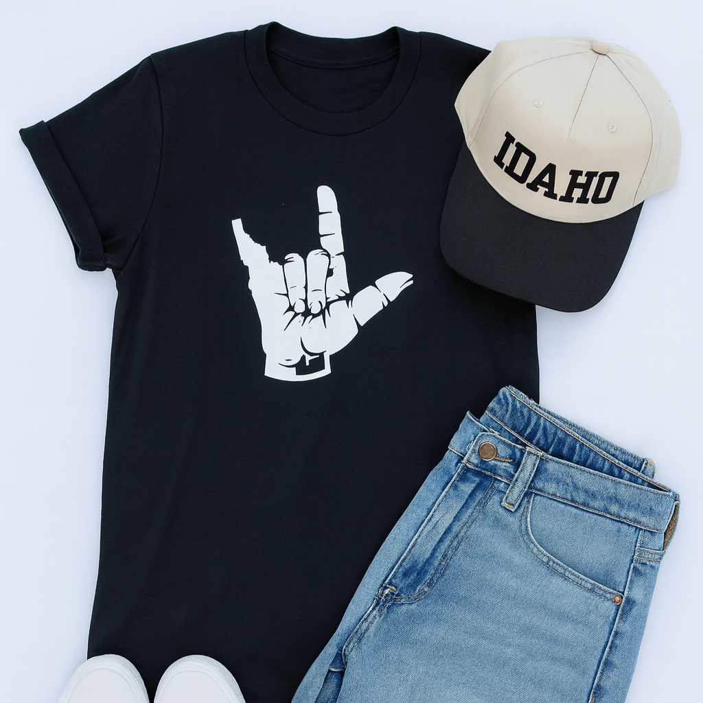 Black t-shirt with white graphic, blue shorts, white sneakers, and beige cap with 'Idaho' text on a white background