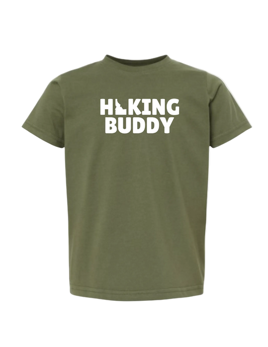 Green t-shirt with 'Hiking Buddy' text on a white background. Designed in Idaho