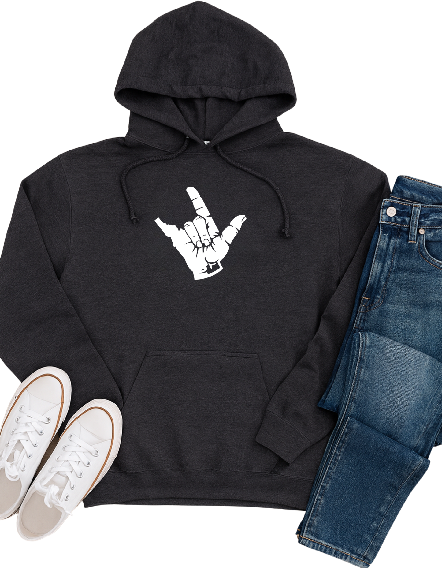 Black hoodie with a white graphic featuring an Idaho on the Love sign paired with jeans and sneakers on a white background. Idaho hoodies printed by TatorJo