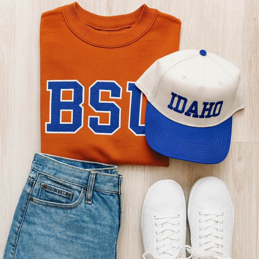Orange sweatshirt with 'BSU' text, white cap with 'Idaho' text, blue jeans, and white sneakers on a light wooden surface.