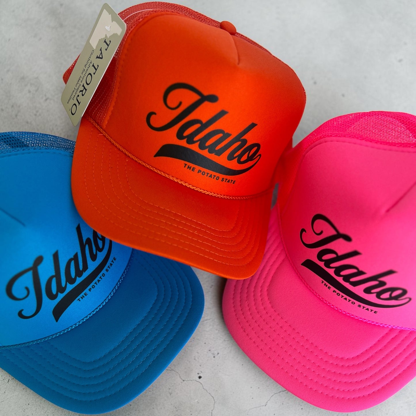 Idaho Potato State Trucker Hat by TatorJo, blaze orange foam front hat.