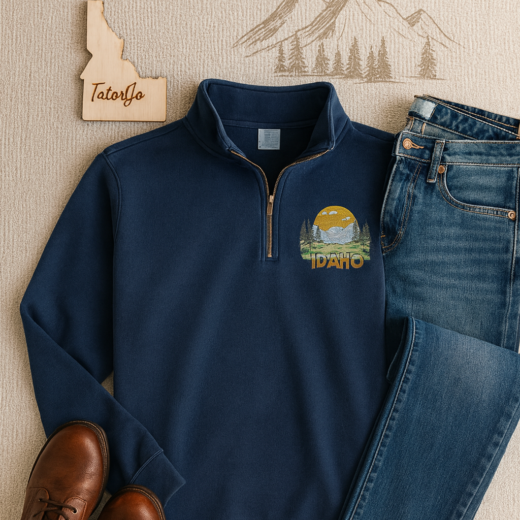 Navy blue pullover with Idaho design, jeans, and brown boots on a textured surface.
