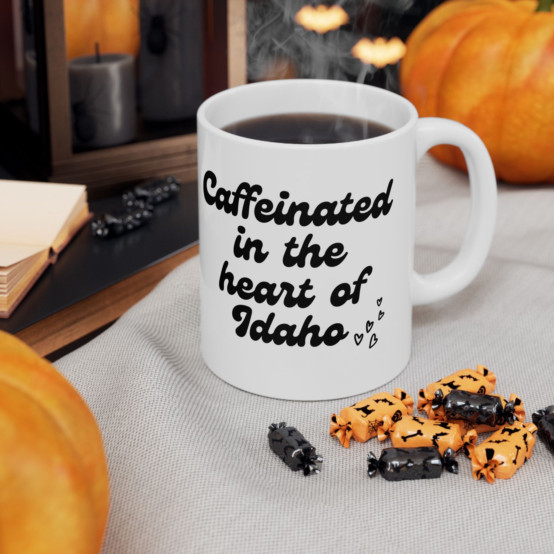 This coffee mug has Caffeinated in the Heart of Idaho on it. This coffee mug focused on Idaho. This idaho mug would be the perfect gift