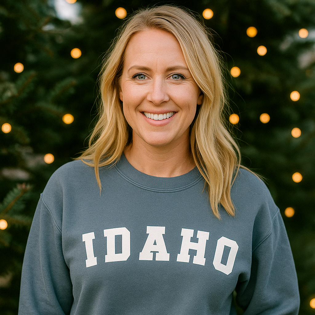 Woman wearing a blue sweatshirt with 'Idaho' printed on it, standing in front of a decorated Christmas tree.