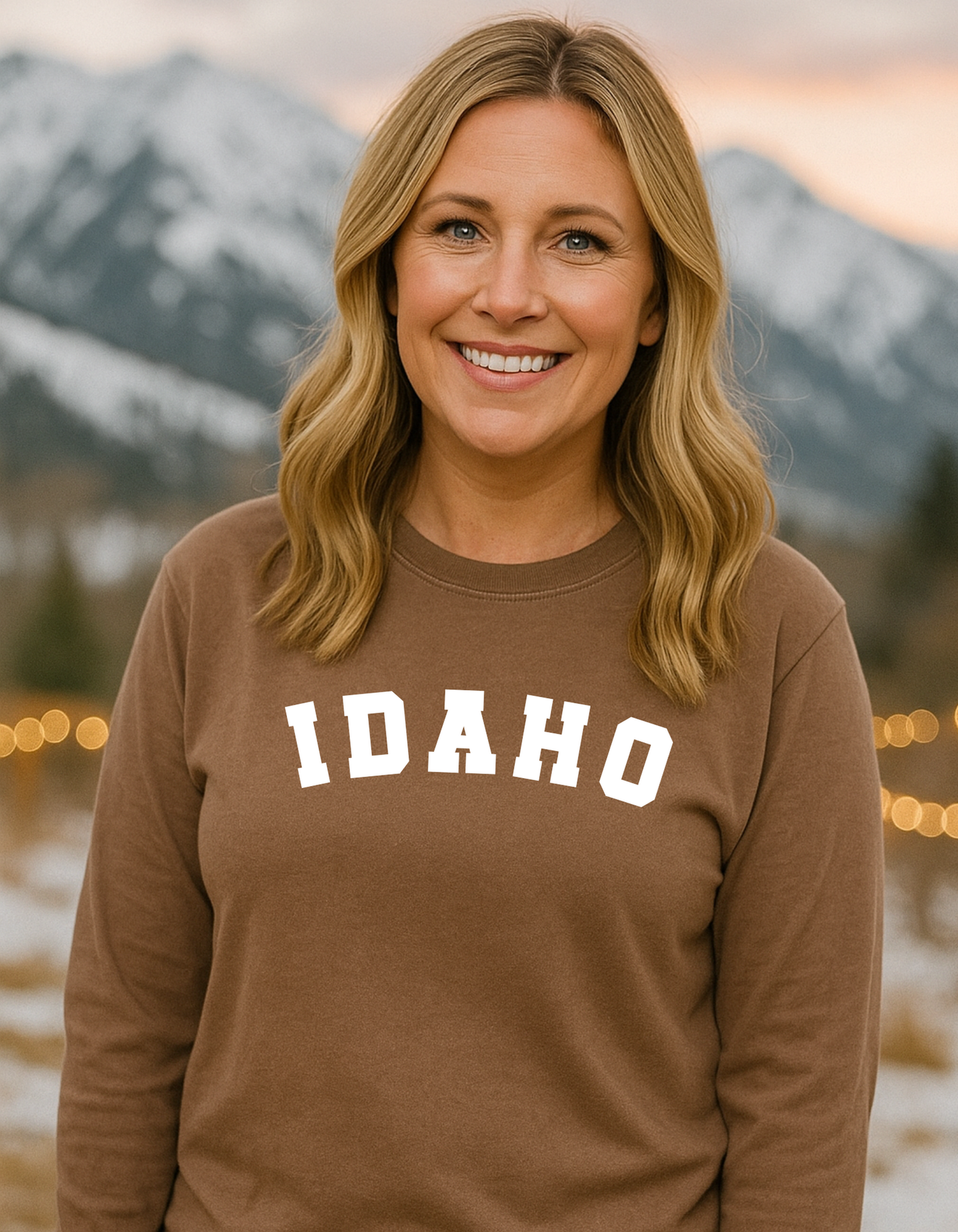 Woman wearing a brown sweatshirt with 'Idaho' text against a mountainous background