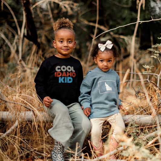 This adorable photo shows two little Idaho girls sitting outside. They are both wearing Idaho sweatshirts. One sweatshirt says Cool Idaho Kid on it. The other sweatshirt is a simple Idaho design. The sweaters are designed by TatorJo, an Idaho apparel company