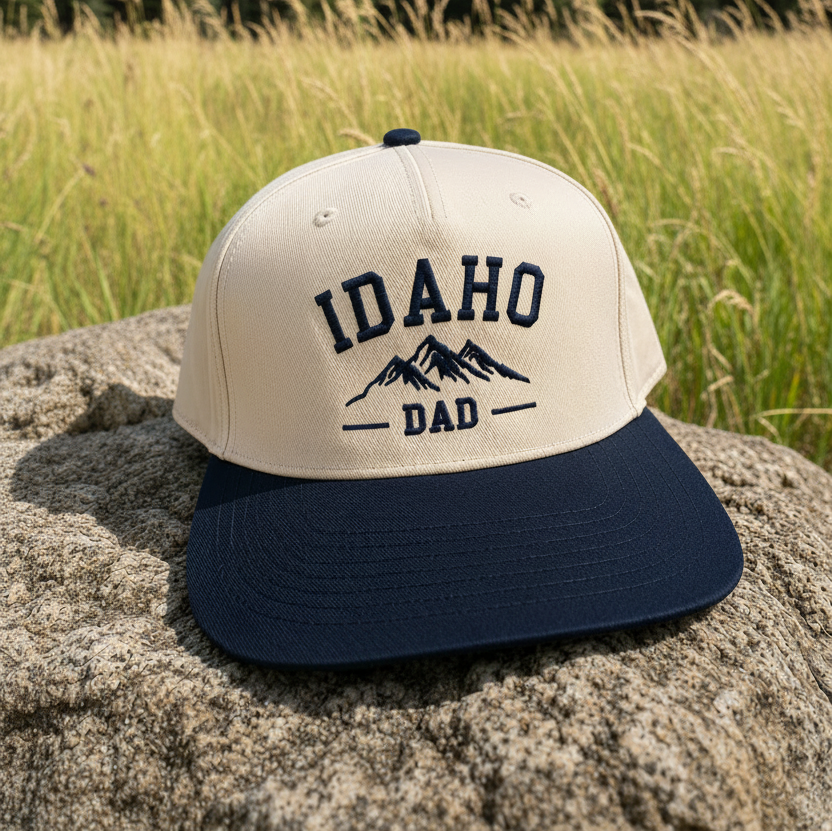 Beige and navy cap with 'Idaho Dad' text on a rock by a river with mountains in the background