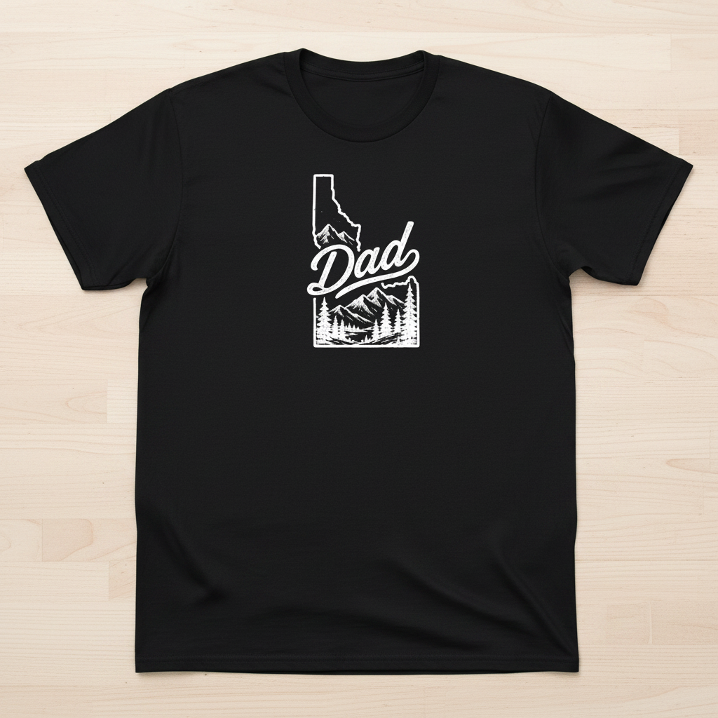 Black t-shirt with 'Dad' and Idaho outline design on a white background