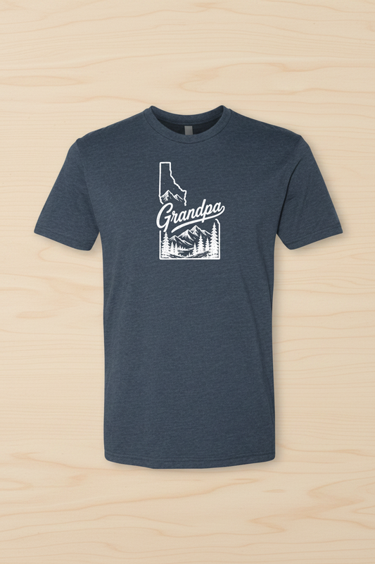 Navy t-shirt with 'Grandpa' and Idaho outline design on a white background