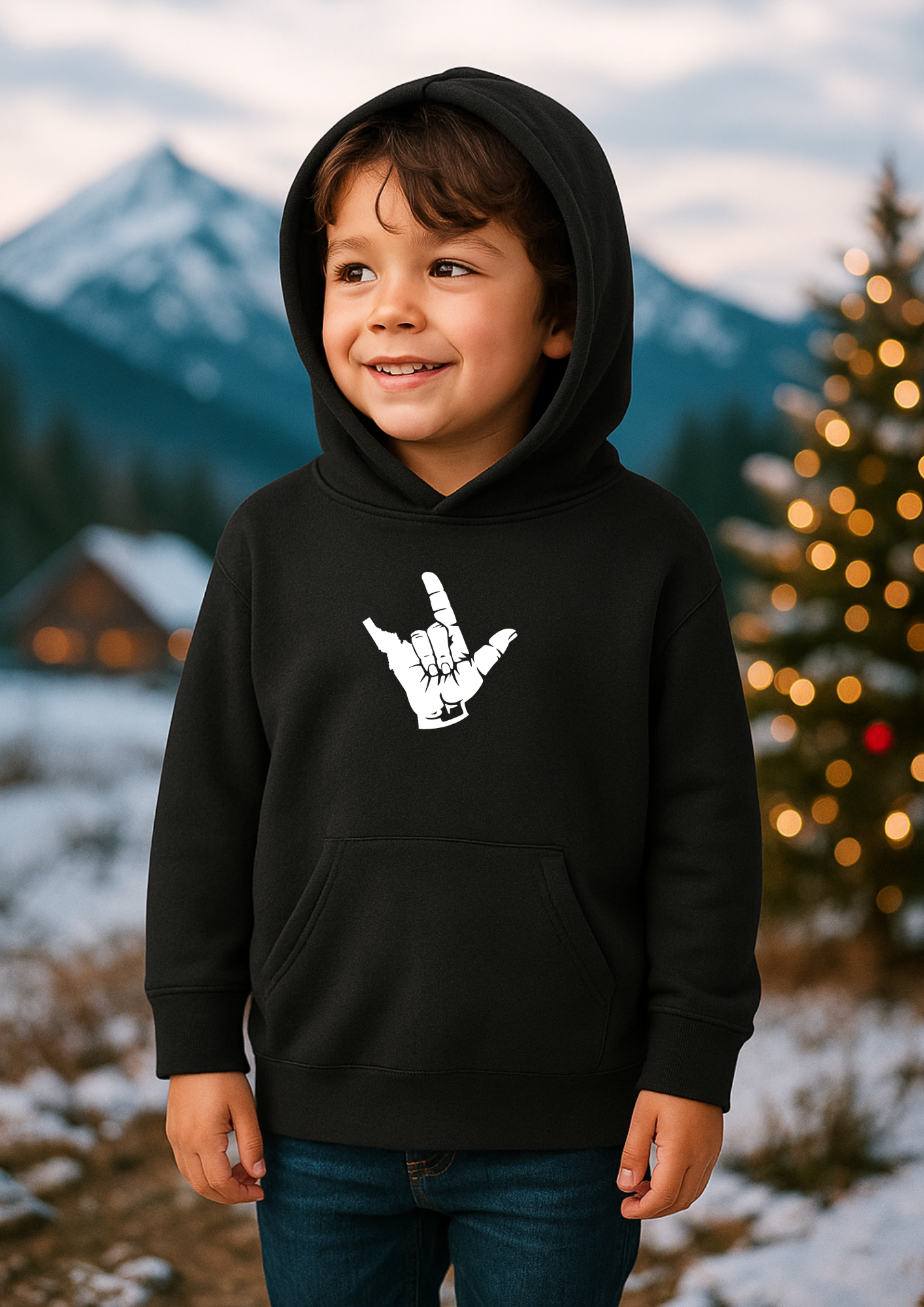 A little boy wearing a black Idaho hoodie stands outdoors in the snowy Idaho mountains with a Christmas tree and cabin in the background. Cozy winter apparel for kids by TatorJo.