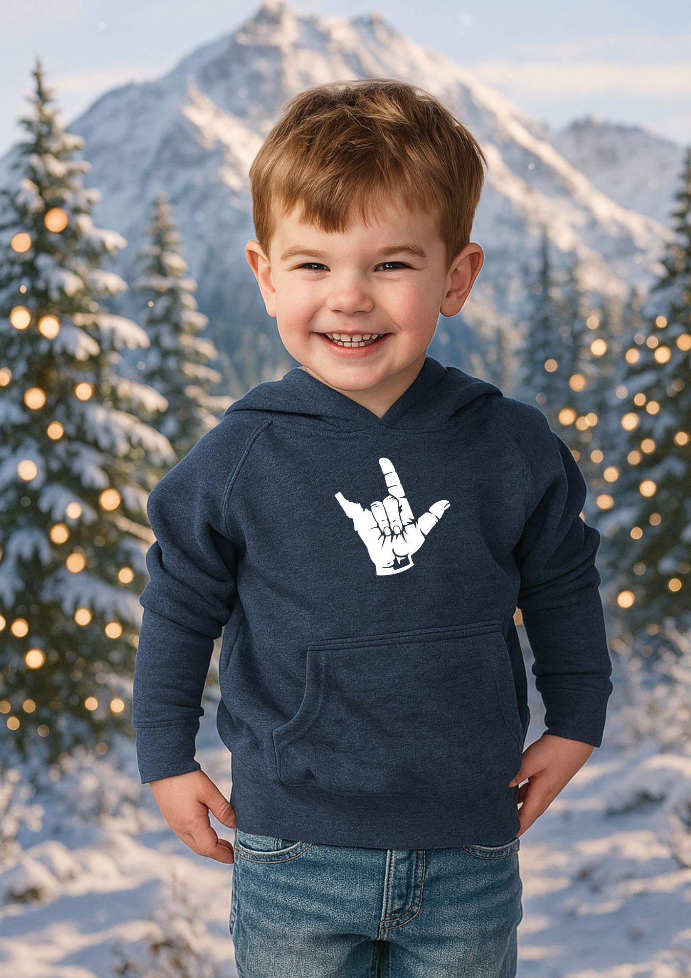 A little boy wearing a black Idaho hoodie stands outdoors in the snowy Idaho mountains with a Christmas tree and cabin in the background. Cozy winter apparel for kids by TatorJo.