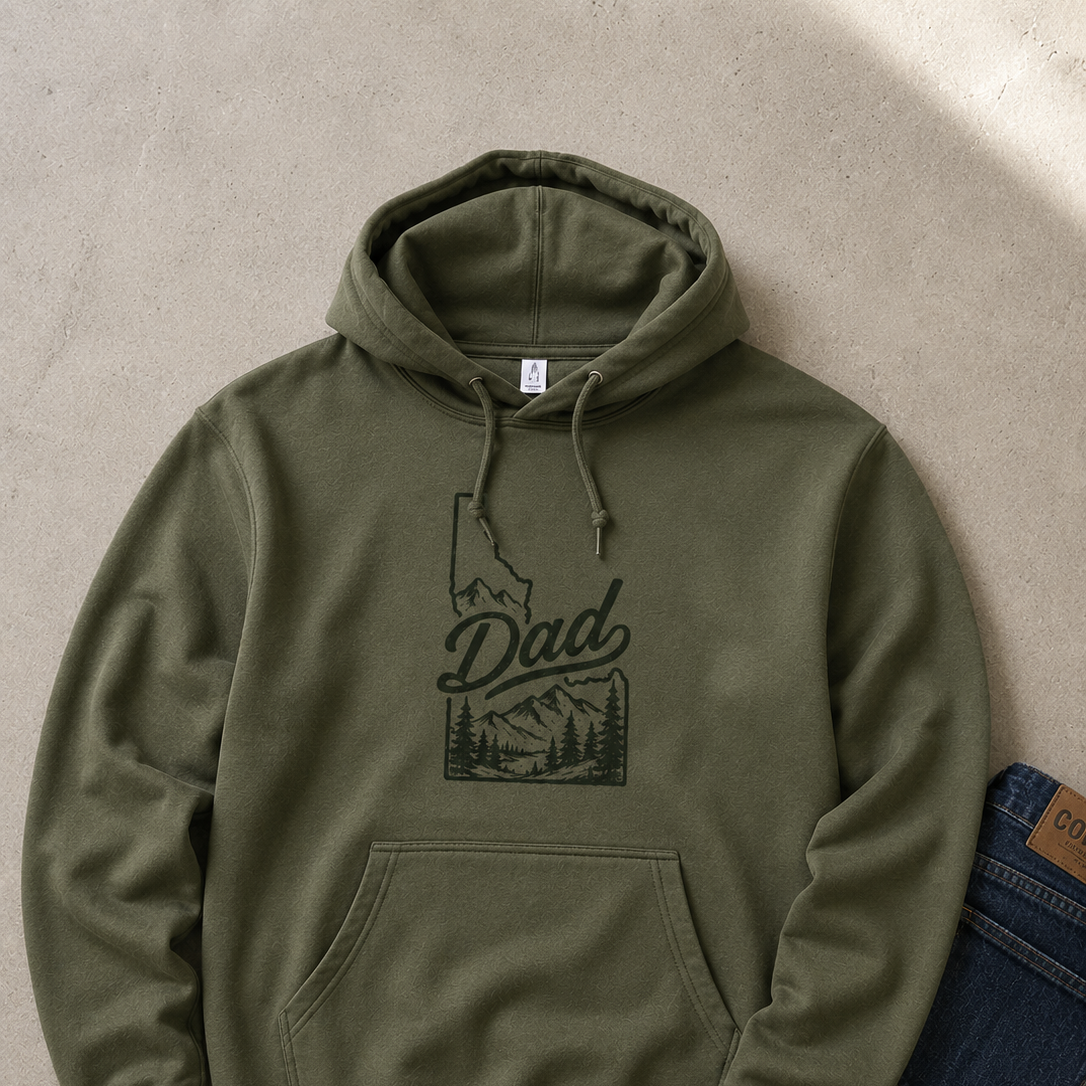 Green hoodie with 'Dad' and mountain graphic on a beige surface