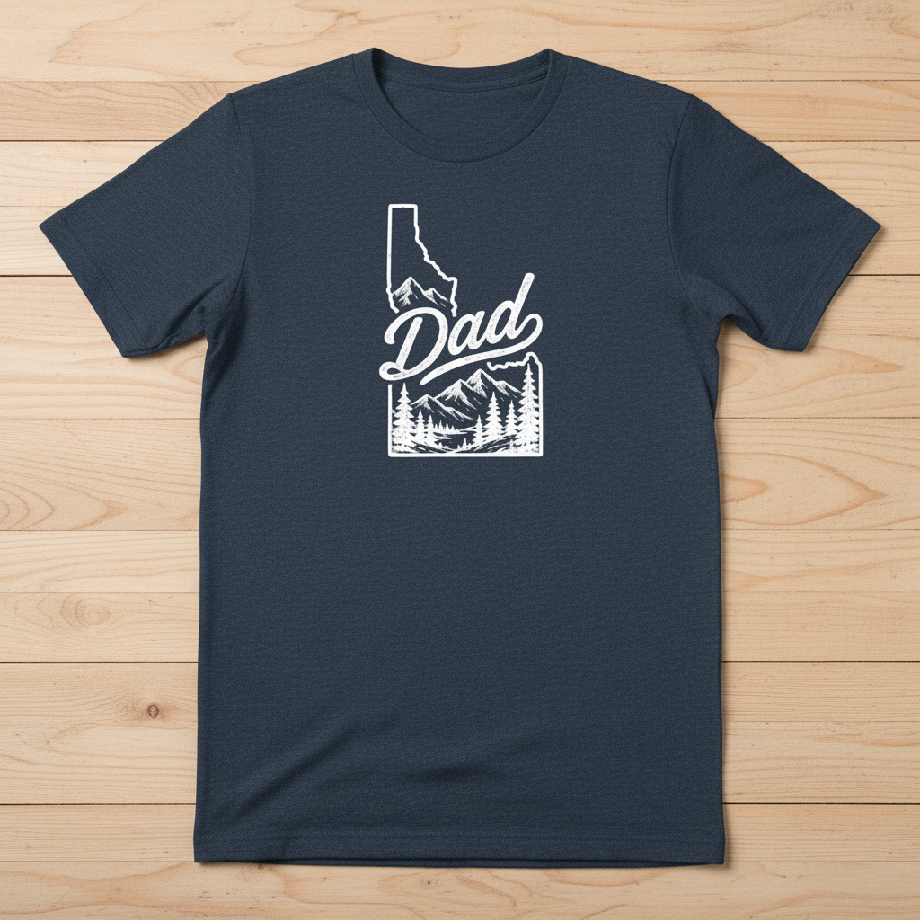 Navy blue t-shirt with white Idaho graphic design on a white background
