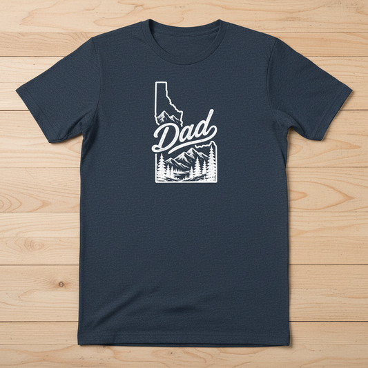 Navy blue t-shirt with white Idaho graphic design on a white background