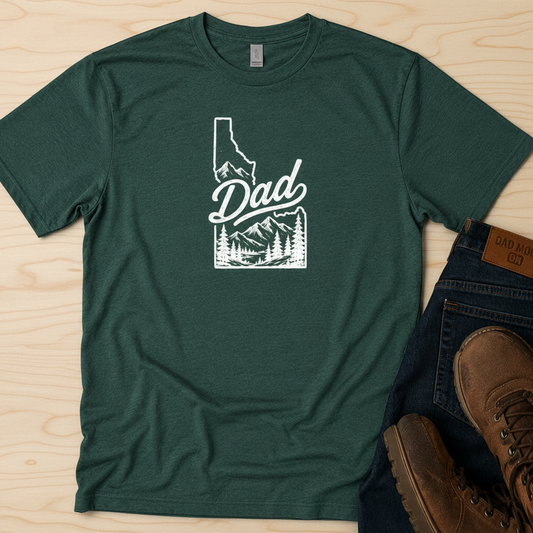 Green t-shirt with 'Dad' and mountain design on a Idaho shape, laying on a wooden surface with jeans and boots.