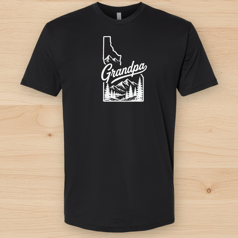 TatorJo Idaho Grandpa T-Shirt – Black tee with Grandpa and Idaho graphic on white background