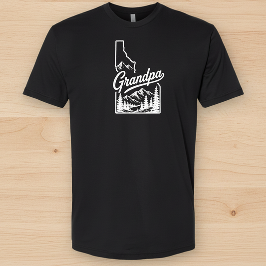 Black t-shirt with whiteIdaho graphic design on a white background