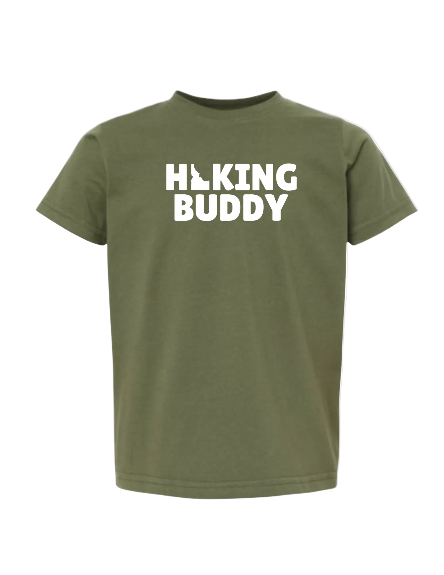 Green t-shirt with 'Hiking Buddy' text on a white background. Designed in Idaho