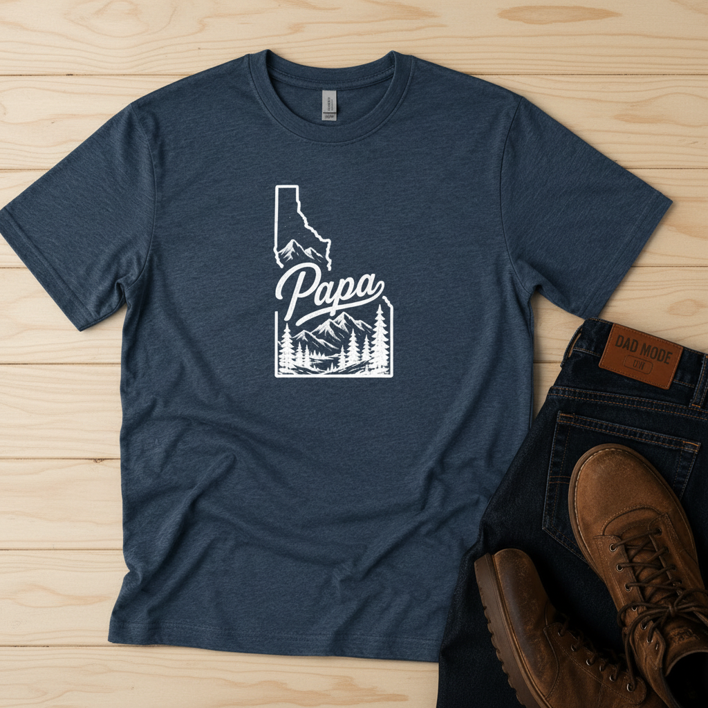 Navy blue t-shirt with 'Papa' and Idaho outline design on a wooden surface with brown boots.