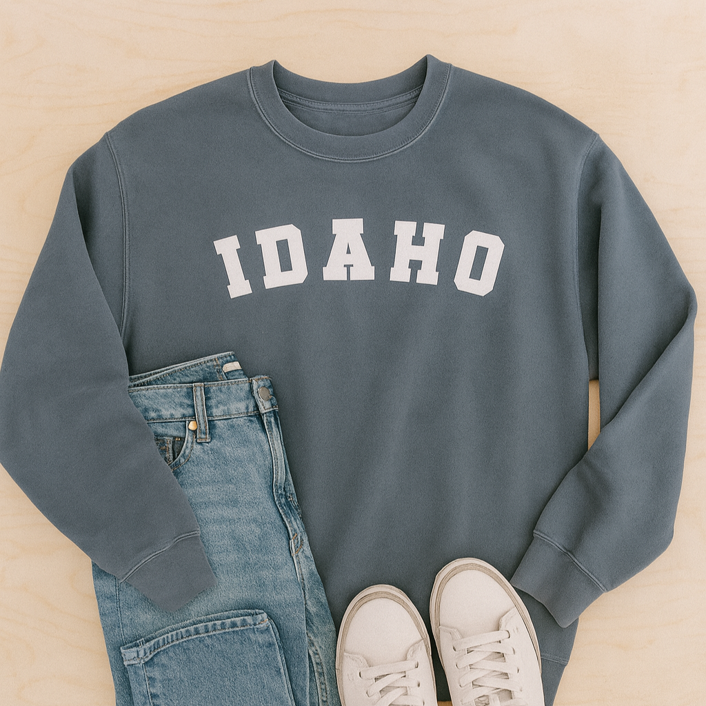 Blue sweatshirt with 'Idaho' text, blue jeans, and white sneakers on a beige background