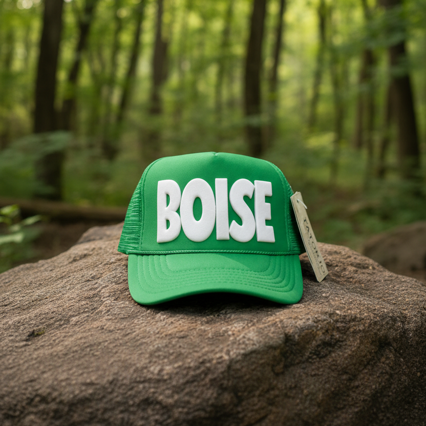 Green cap with 'BOISE' on a rock surface