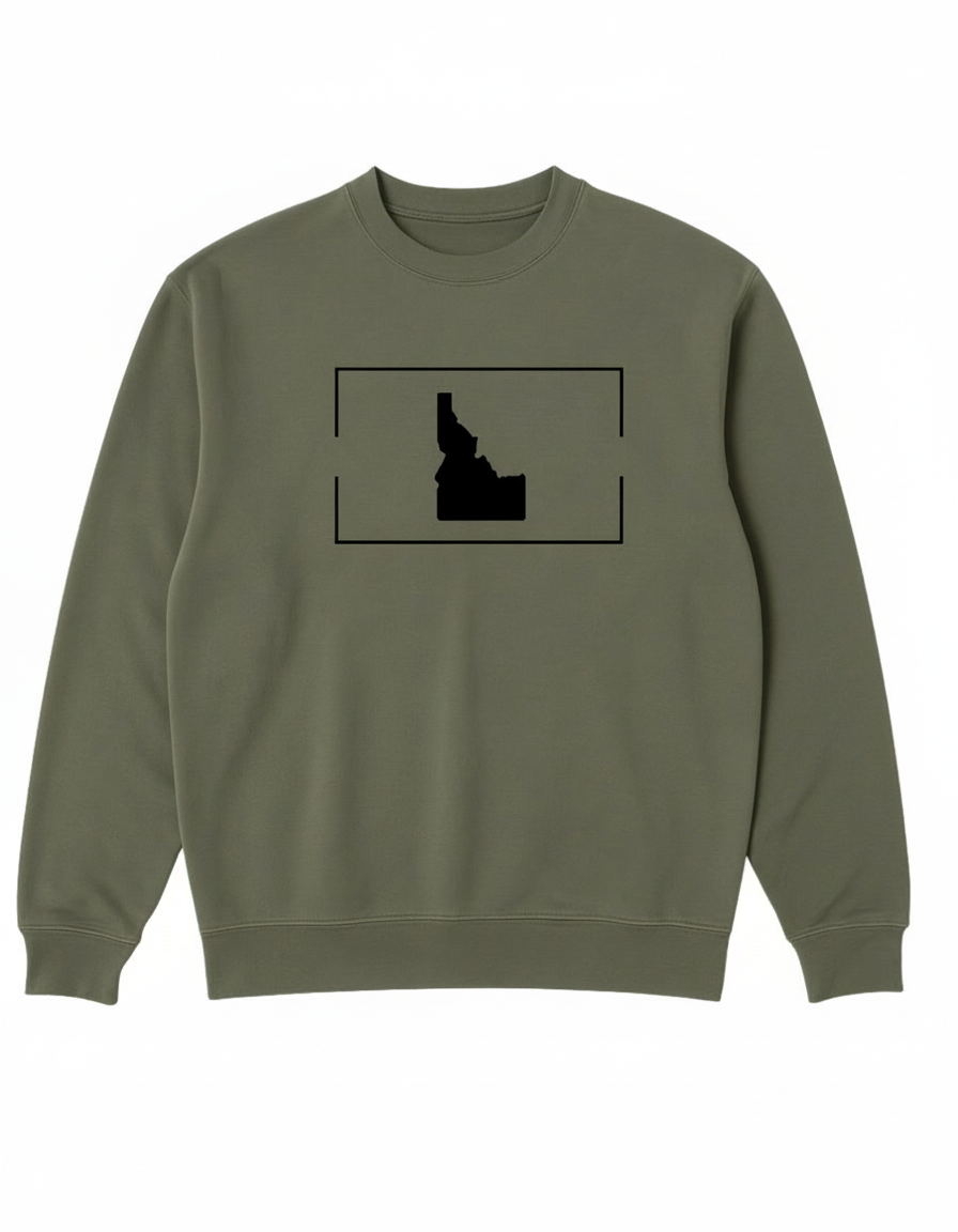 Green sweatshirt with black Idaho outline design on a white background