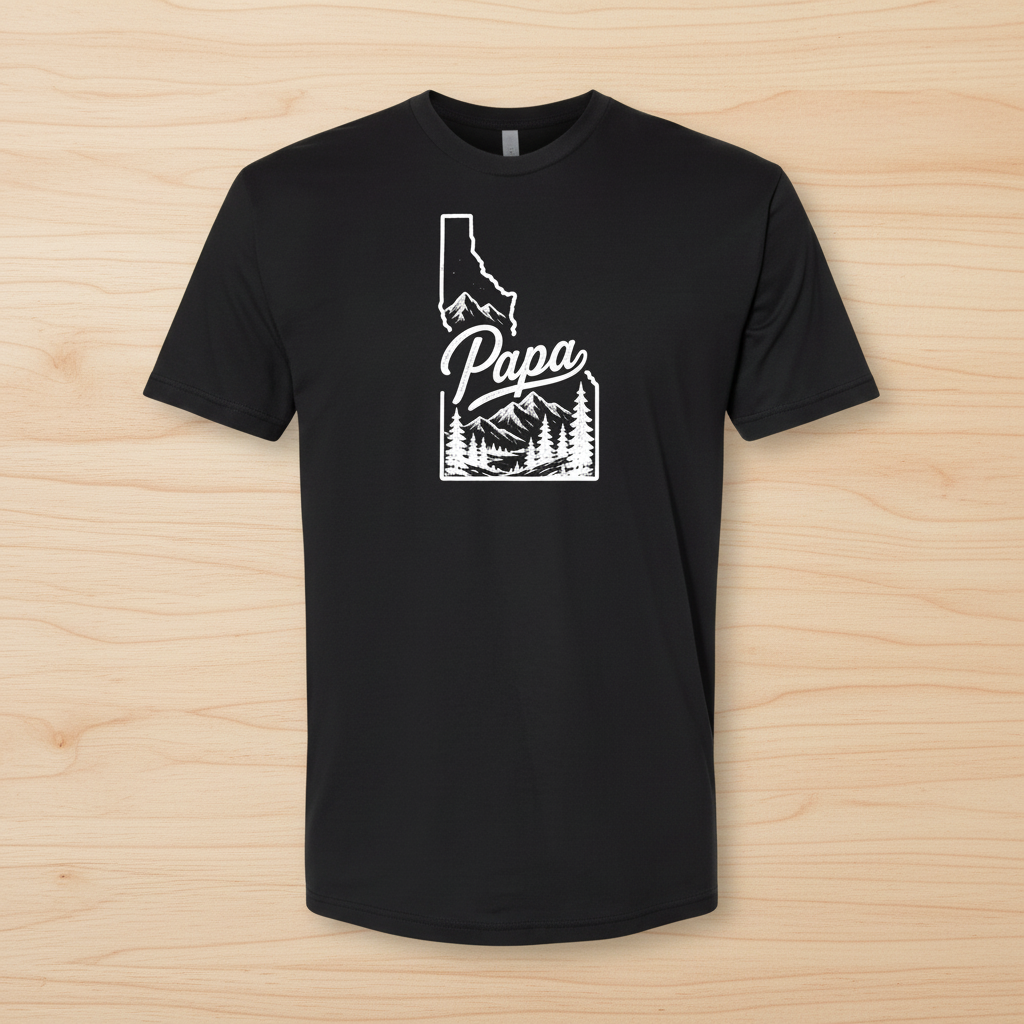 Black t-shirt with 'Papa' and Idaho outline design on a white background