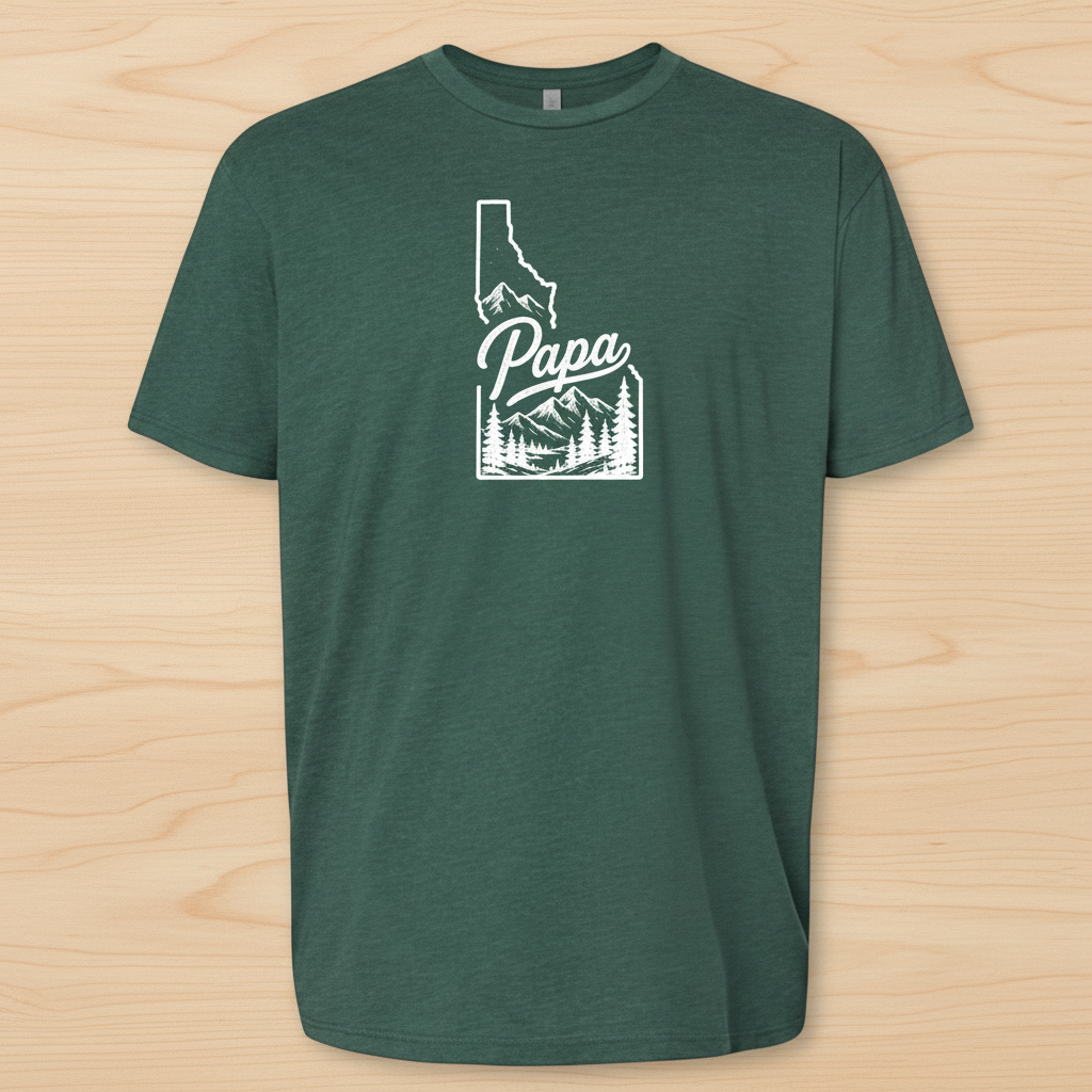 Green t-shirt with 'Papa' and mountain graphic on a white background with Idaho