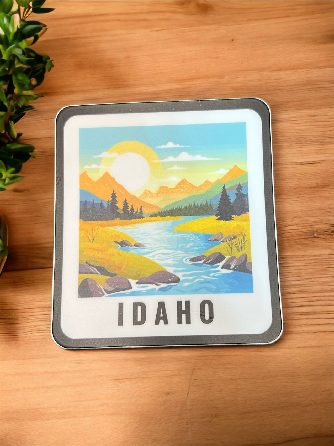 Idaho Stickers are a must for Idahoans. This Idaho sticker has a beautiful river running through it. It showcases the beauty that surrounds us living in Idaho. Idaho is so beautiful and this Idaho Sticker showcases the adventure and beauty we have.
