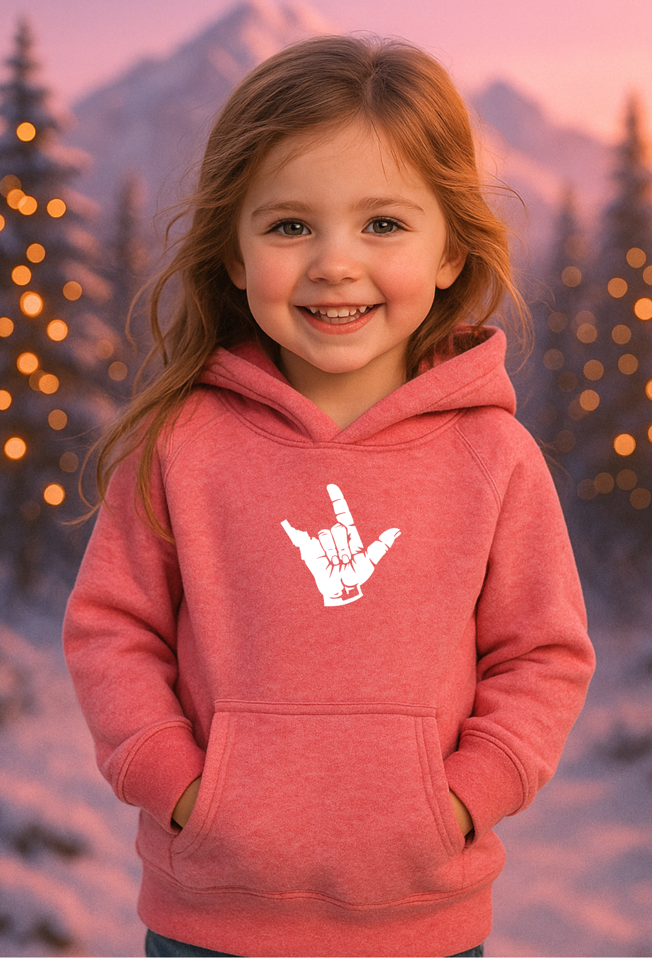 A little girl wearing a pink Idaho hoodie stands outdoors in the snowy Idaho mountains with a Christmas tree and cabin in the background. Cozy winter apparel for kids by TatorJo.
