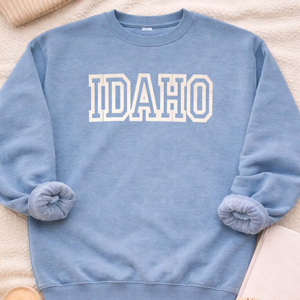 Idaho sweater with puff print, cute light blue sweater with Idaho on it in block letters