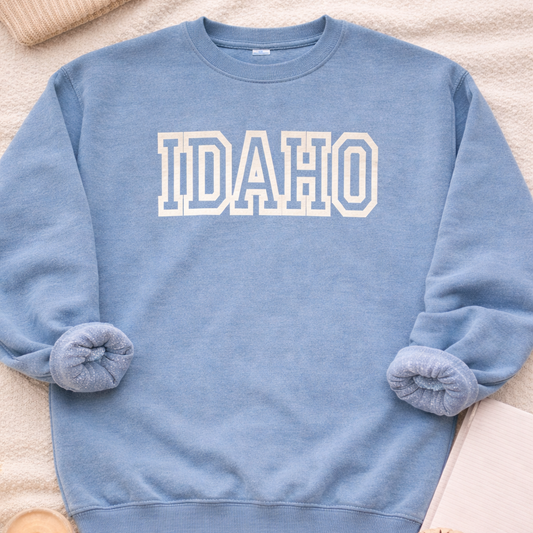 Idaho sweater with puff print, cute light blue sweater with Idaho on it in block letters
