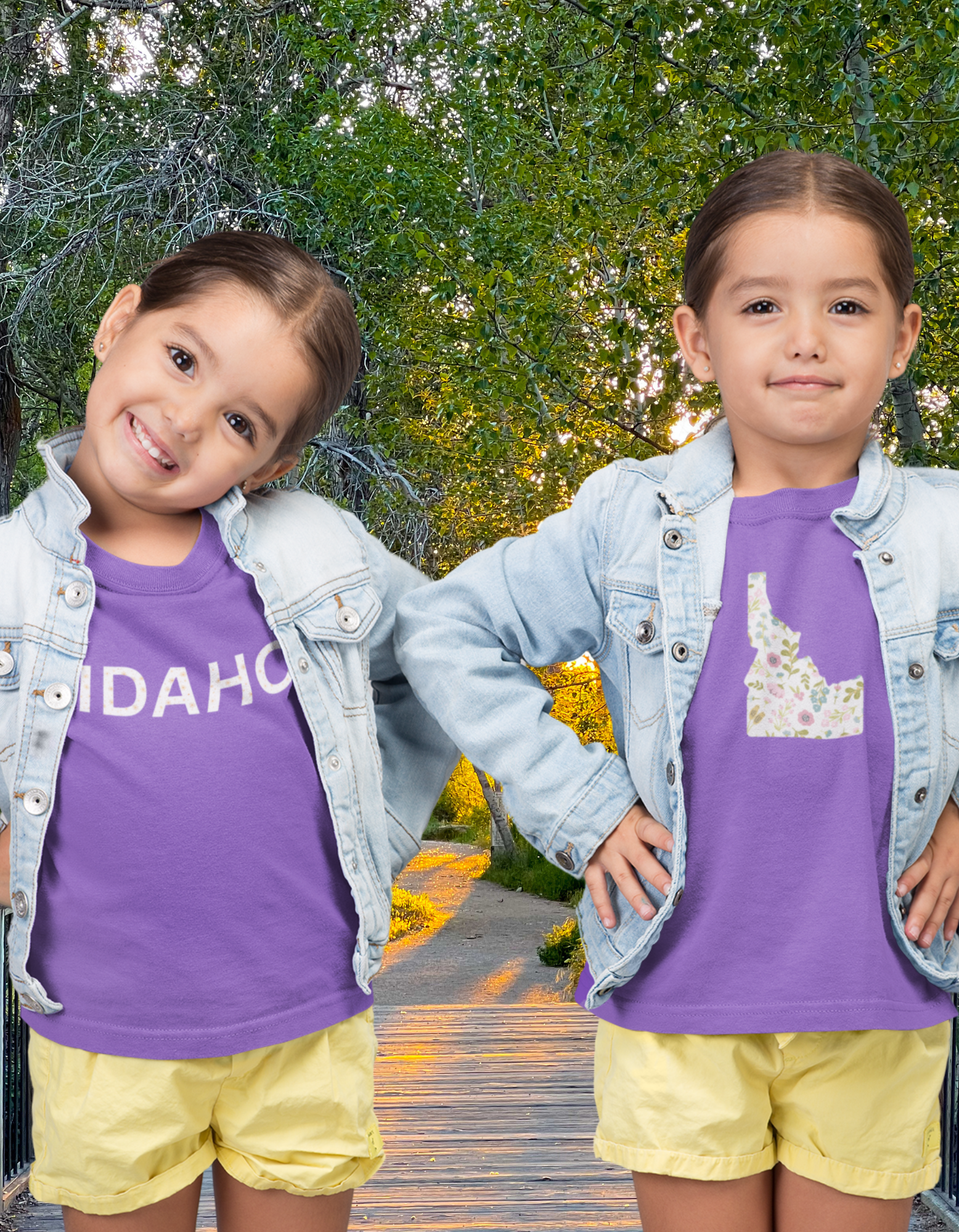 Two Idaho girls wearing Idaho T shirts. One t shirt has an Idaho on it with floral inside. The other t shirt has the words Idaho on it and has little tiny daisies inside of it. The girls are standing outside on a bridge in Boise. These designs are designed by TatorJo